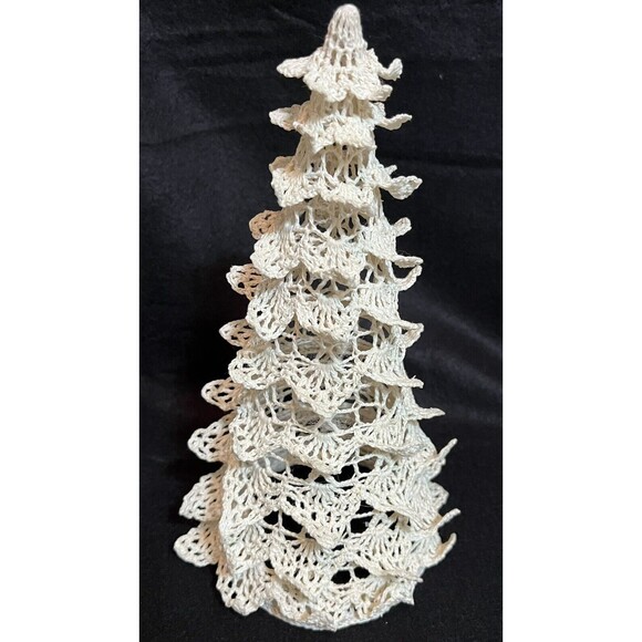 5 Vtg Handmade White Crochet Christmas Starched Trees Decor Varied Heights 5-8in - Picture 3 of 9